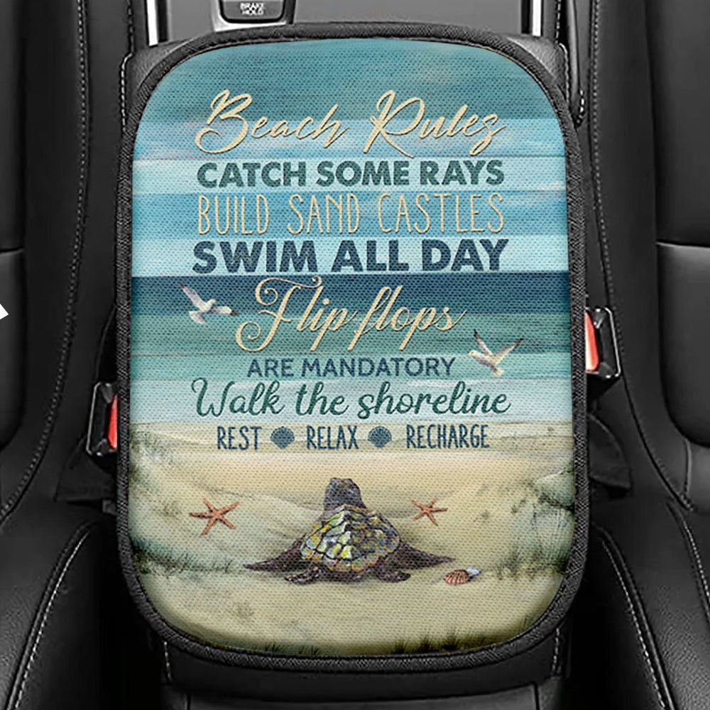Beach Rules Baby Sea Turtle Sea Life Seagulls Seat Box Cover, Christian Car Center Console Cover, Bible Verse Car Interior Accessories