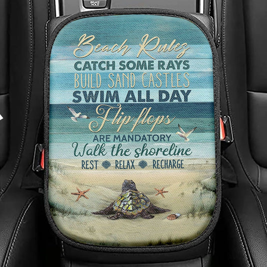 Beach Rules Baby Sea Turtle Sea Life Seagulls Seat Box Cover, Christian Car Center Console Cover, Bible Verse Car Interior Accessories