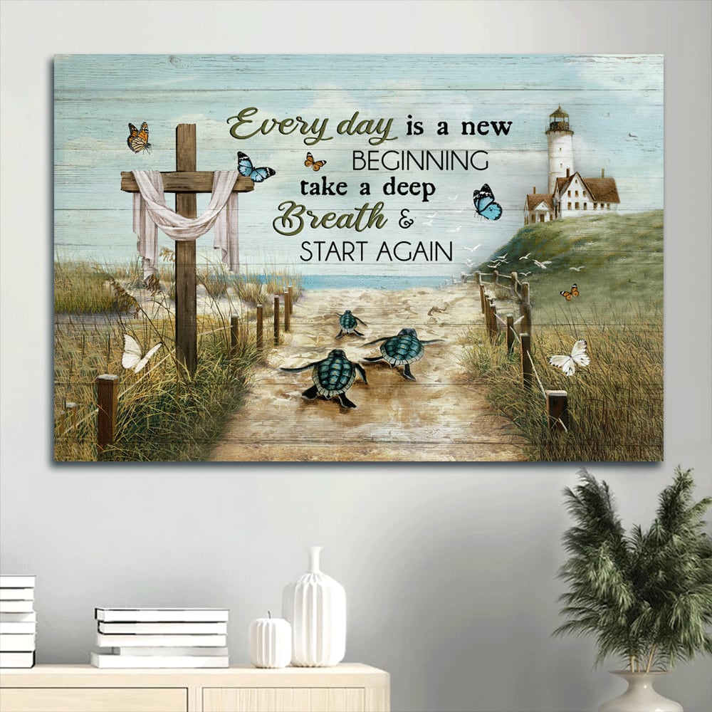 Beach Sand Sea Turtle Lighthouse Cross Symbol Colorful Butterfly Canvas Everyday Is A New Beginning Canvas Wall Art - Christian Wall Decor