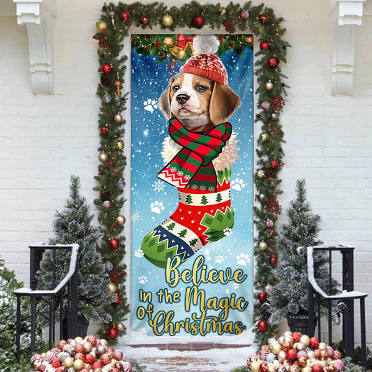Beagle In Sock Door Cover - Believe In The Magic Of Christmas Door Cover - Christmas Outdoor Decoration