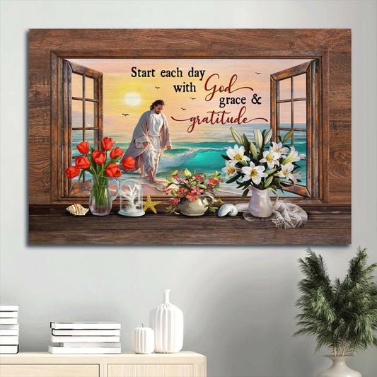 Beautiful Beach Lovely Flower Vase Start Each Day With God Grace & Gratitude Canvas Wall Art - Christian Wall Decor