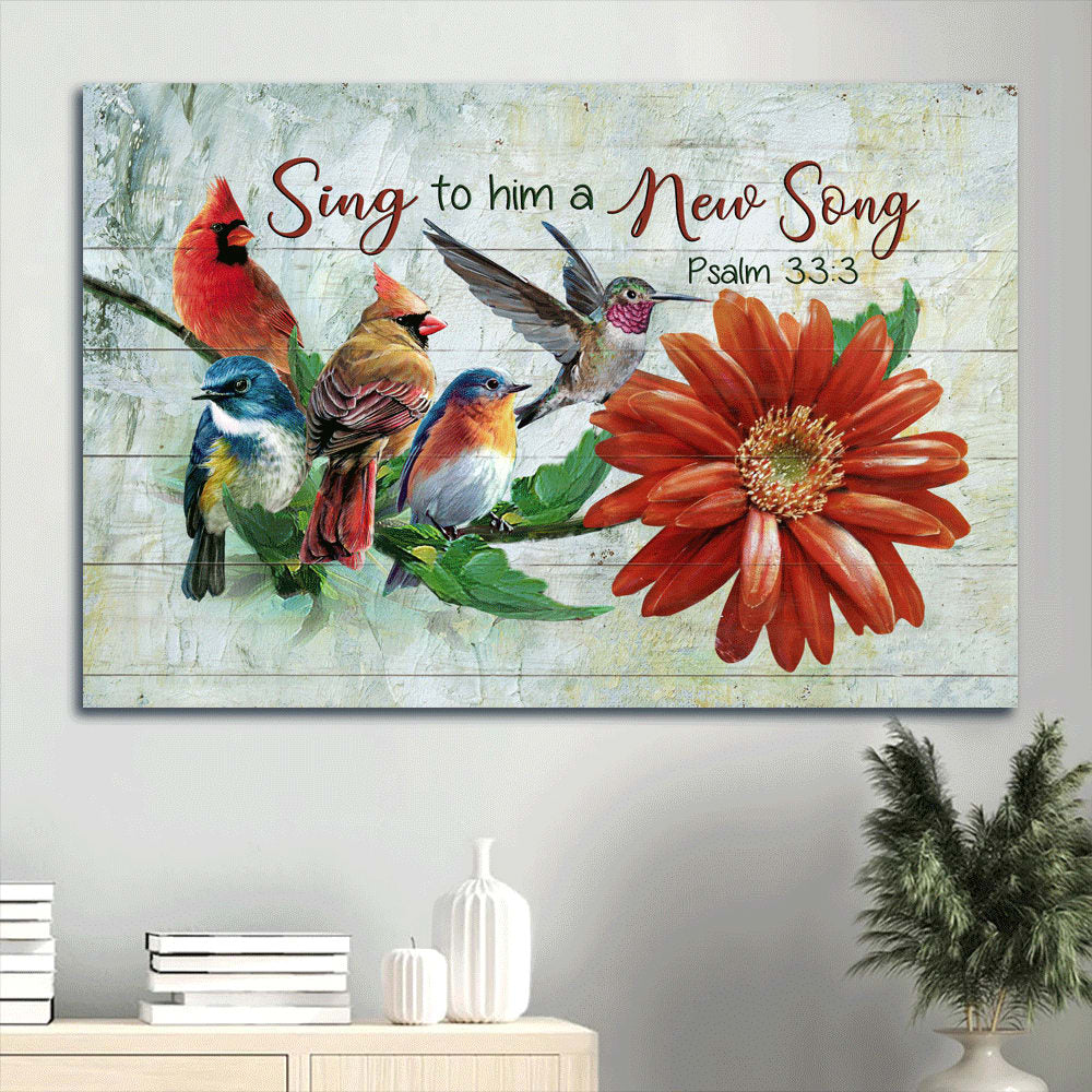 Beautiful Birds Colorful Birds Red Flower Sing To Him A New Song Canvas Wall Art - Christian Wall Decor