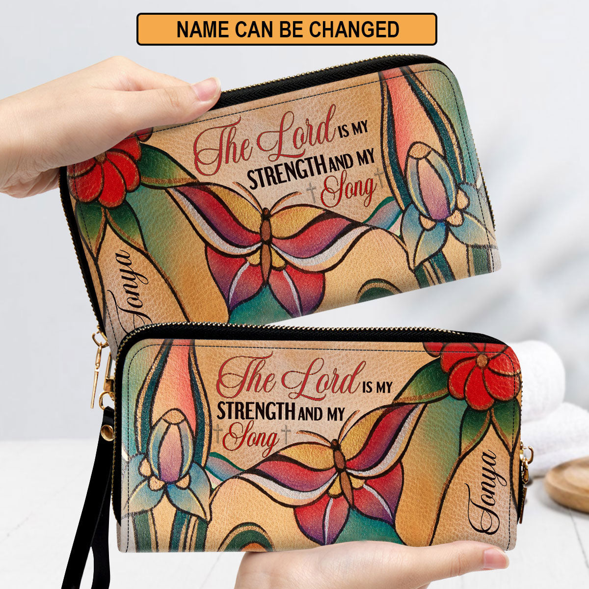 Beautiful Butterfly & Flower Psalm 11814 The Lord Is My Strength And My Song Clutch Purse For Women - Personalized Name - Christian Gifts For Women
