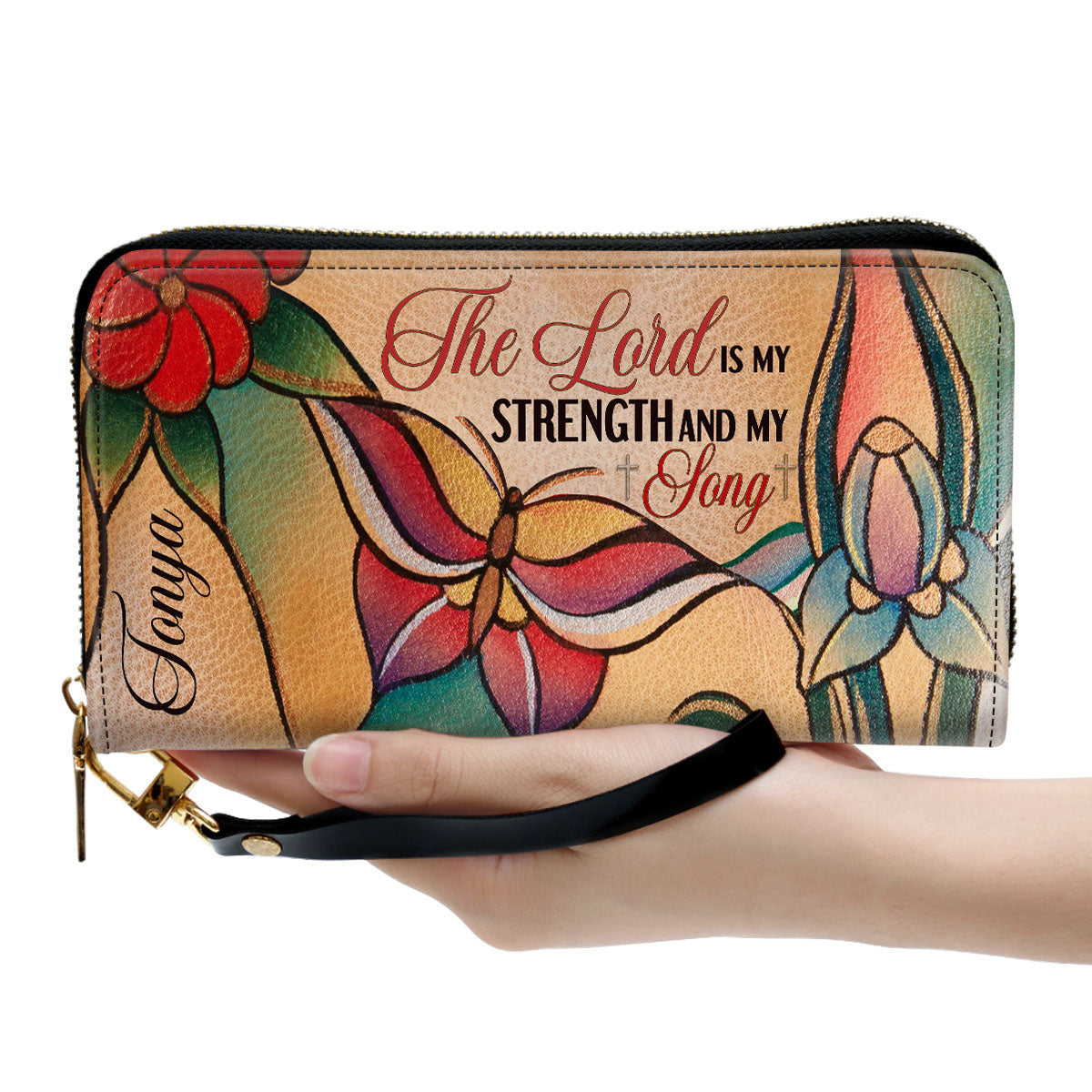 Beautiful Butterfly & Flower Psalm 11814 The Lord Is My Strength And My Song Clutch Purse For Women - Personalized Name - Christian Gifts For Women