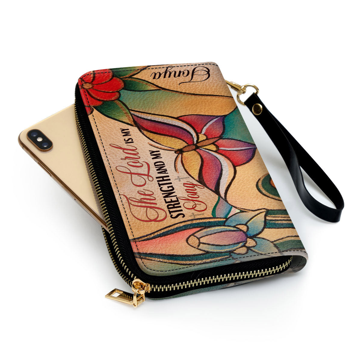 Beautiful Butterfly & Flower Psalm 11814 The Lord Is My Strength And My Song Clutch Purse For Women - Personalized Name - Christian Gifts For Women