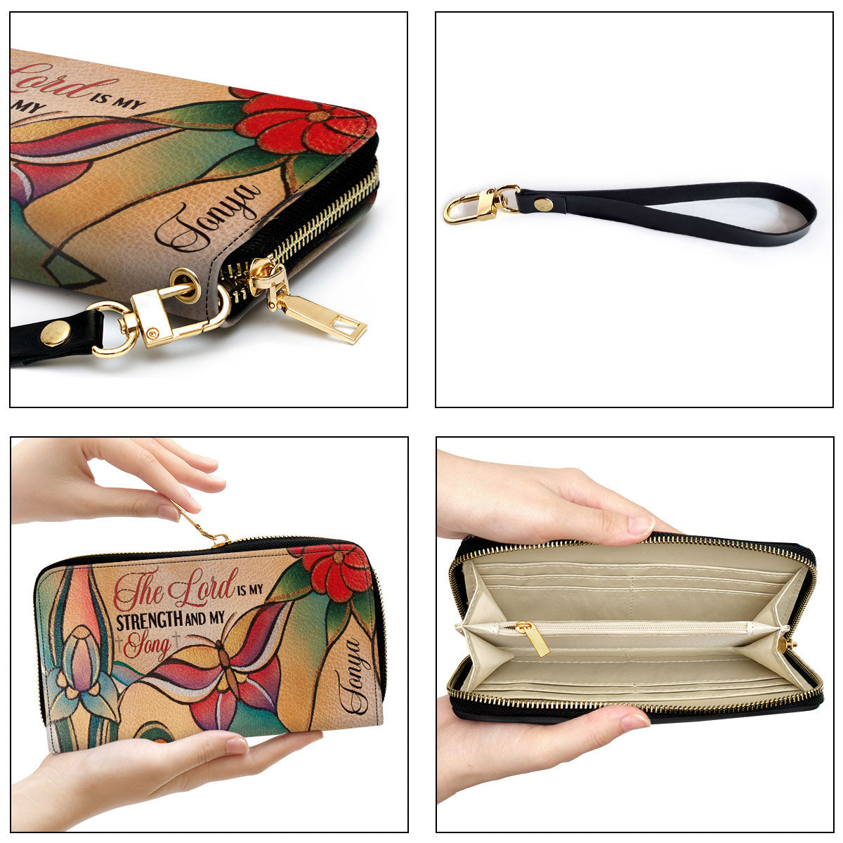 Beautiful Butterfly & Flower Psalm 11814 The Lord Is My Strength And My Song Clutch Purse For Women - Personalized Name - Christian Gifts For Women