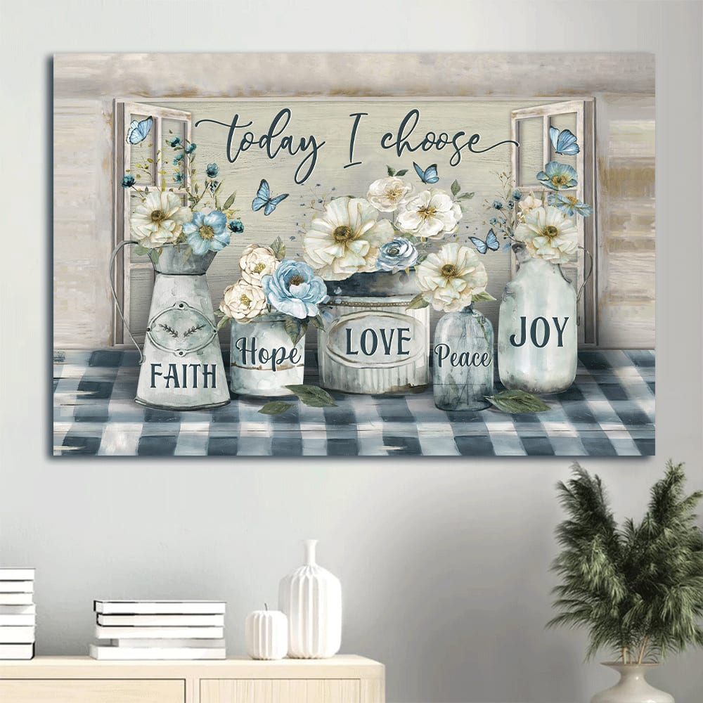 Beautiful Camellia Blue Butterfly Flower Painting Today I Choose Joy Canvas Wall Art - Christian Wall Decor