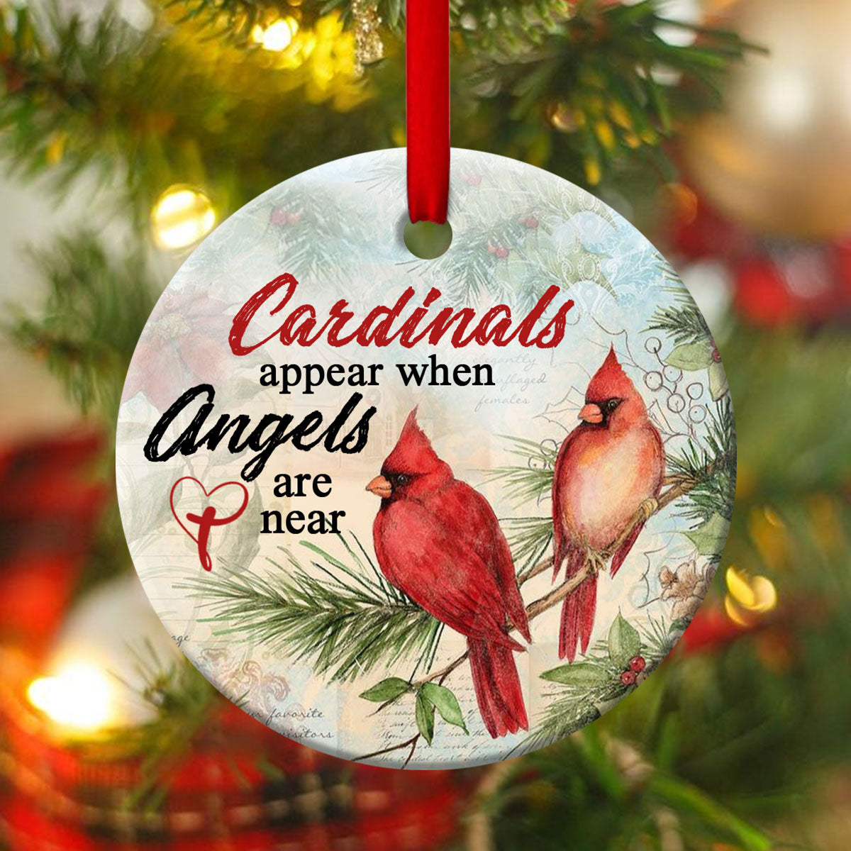 Beautiful Cardinals Ceramic Circle Ornament - Angels Are Near - Christmas Decor - Funny Ornament