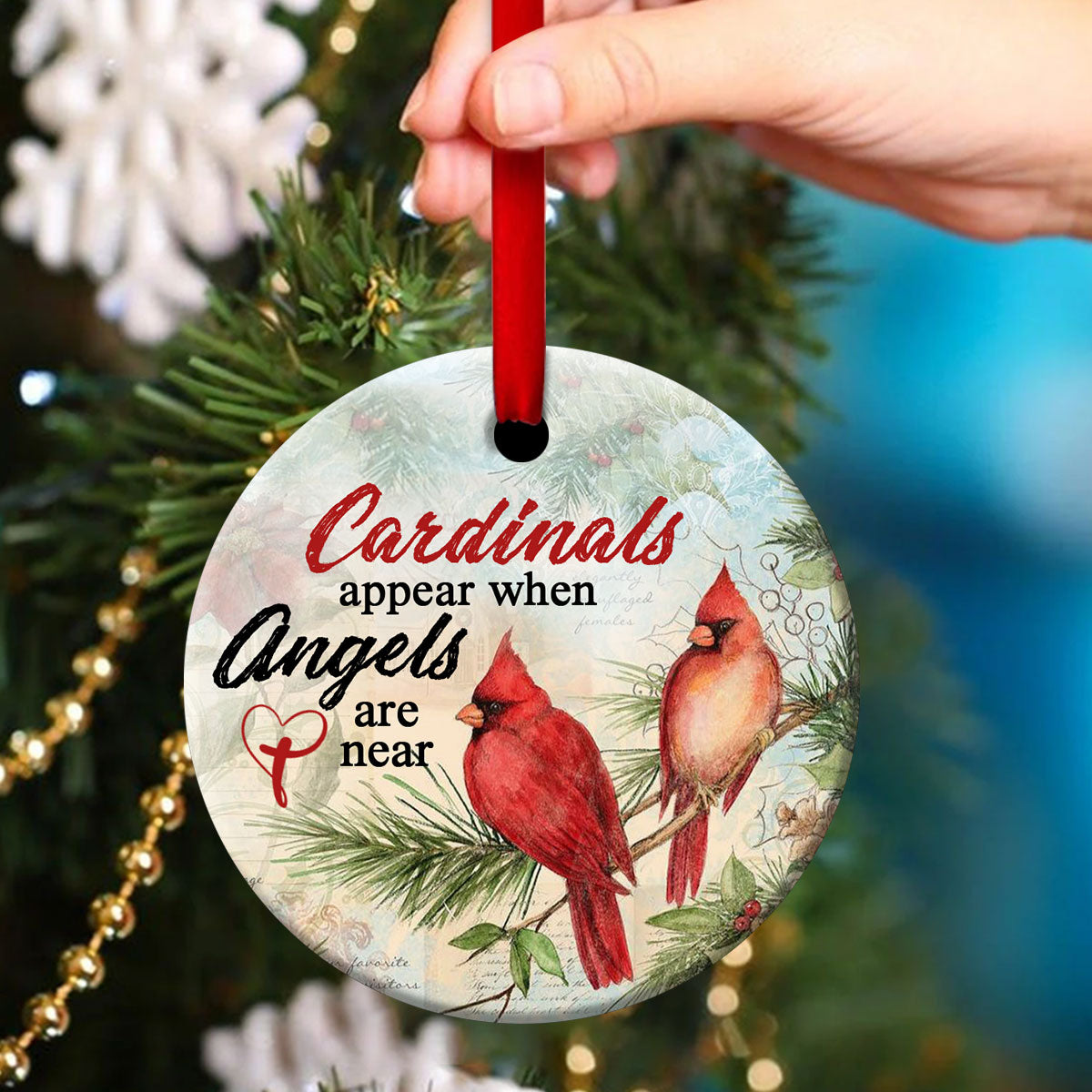 Beautiful Cardinals Ceramic Circle Ornament - Angels Are Near - Christmas Decor - Funny Ornament