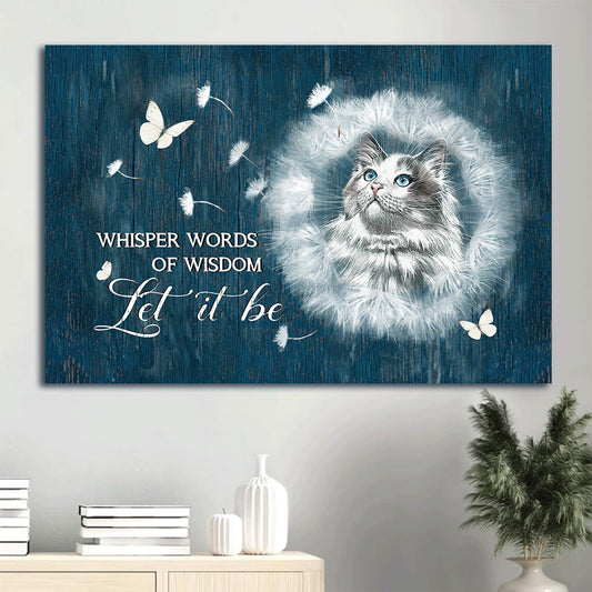 Beautiful Cat Dandelion Drawing White Butterfly Let It Be Canvas Wall Art - Christian Wall Decor