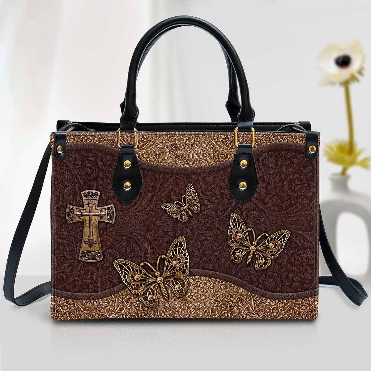 Beautiful Christian Cross And Butterfly Leather Bag - Christian Pu Leather Bags For Women