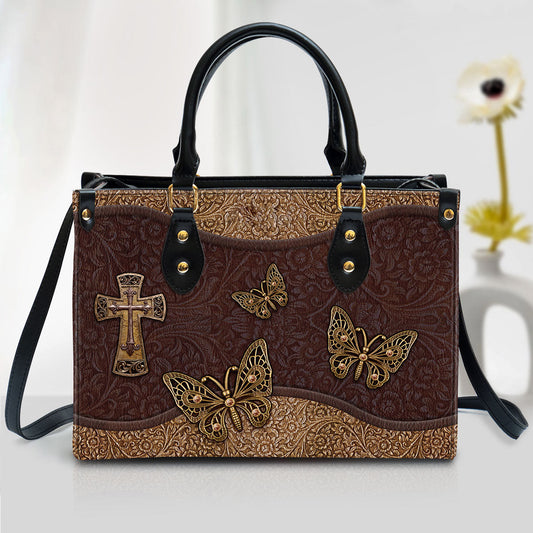Beautiful Christian Cross And Butterfly Leather Bag - Christian Pu Leather Bags For Women