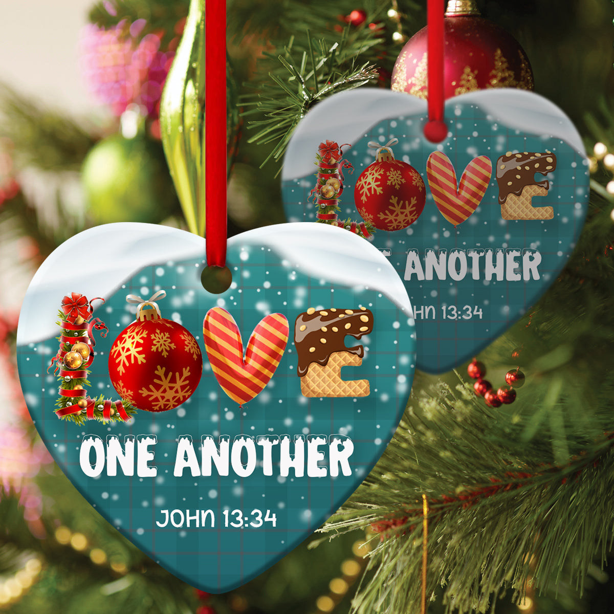 Beautiful Christmas Ceramic Heart Ornament - Love One Another - Ornaments Hanging Gift - Nativity Ornaments