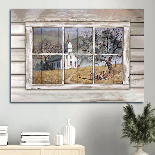 Beautiful Church Country Church Through Rustic Window Yellow Meadow Canvas Wall Art - Christian Wall Decor