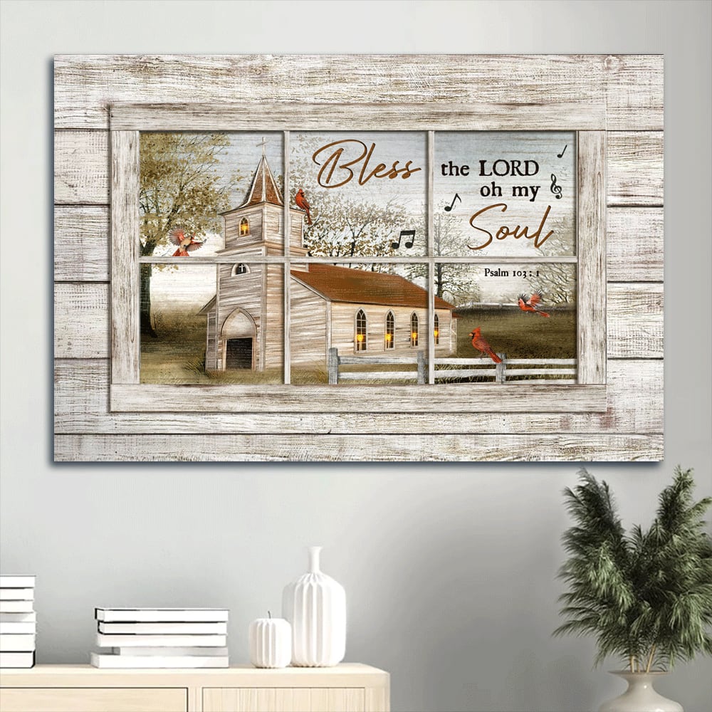 Beautiful Church Red Cardinals Green Trees Bless The Lord Canvas Wall Art - Christian Wall Decor