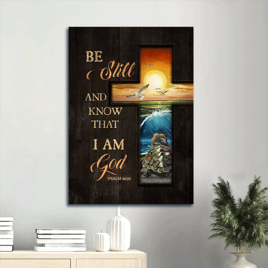 Beautiful Cross Orange Sunset Turtle Seagull Be Still And Know That I Am God Canvas Wall Art - Christian Wall Decor