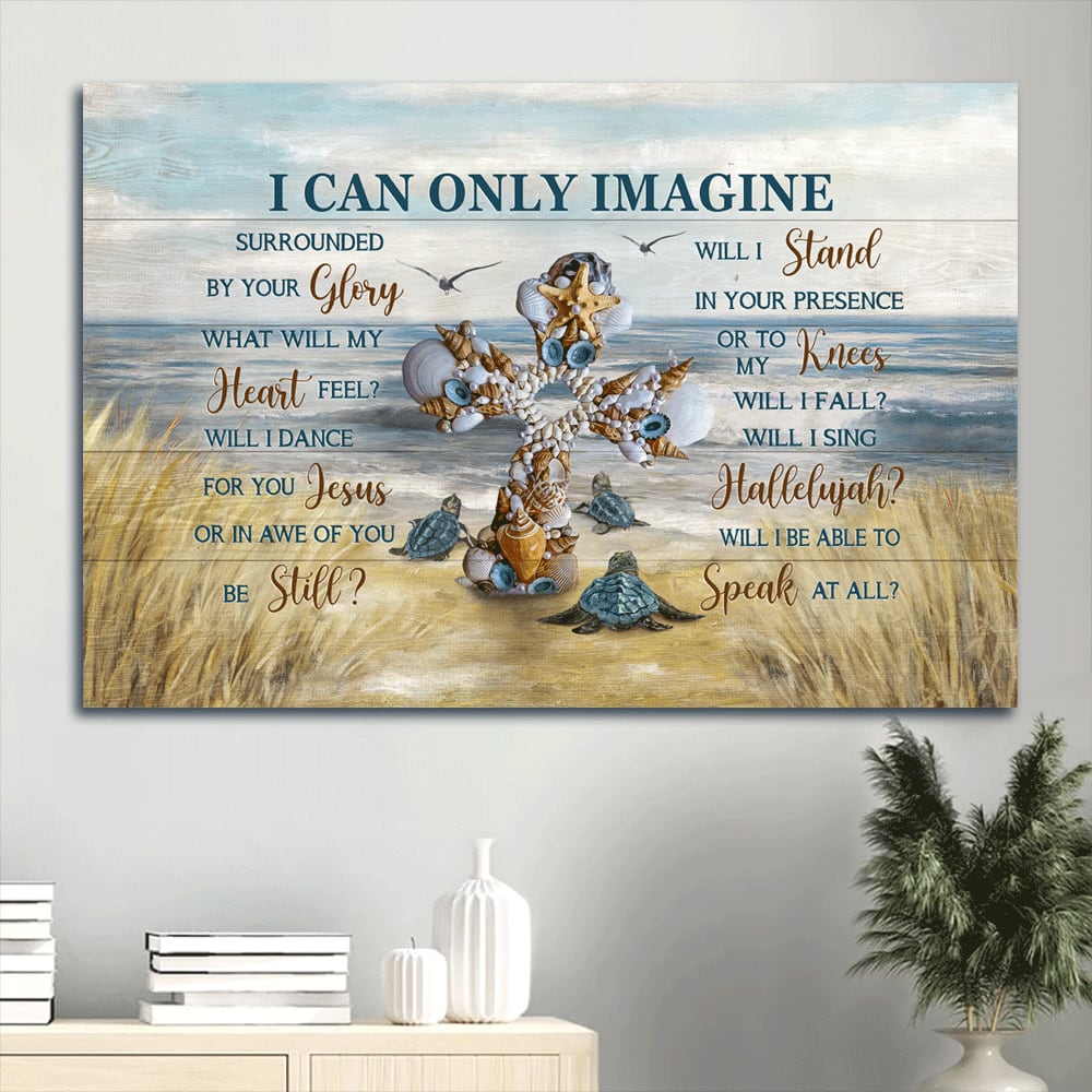 Beautiful Cross Sea Turtle Seagull Beach Painting I Can Only Imagine Canvas Wall Art - Christian Wall Decor