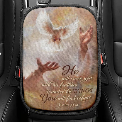 Beautiful Dove Drawing Jesus's Hand He Will Cover You With His Feathers Car Center Console Cover, Christian Armrest Seat Cover, Bible Seat Box Cover