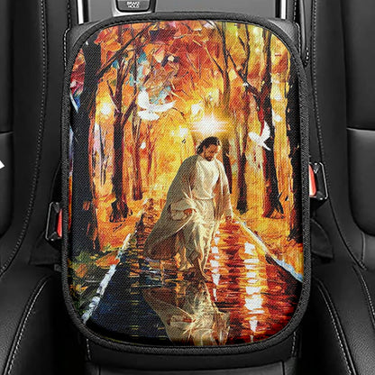 Beautiful Dove Jesus Walking In Forest Seat Box Cover, Bible Verse Car Center Console Cover, Christian Inspirational Car Interior Accessories