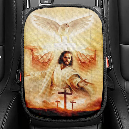 Beautiful Dove, Pray For Healing, Jesus's Hand, Cross Car Center Console Cover, Christian Armrest Seat Cover, Bible Seat Box Cover