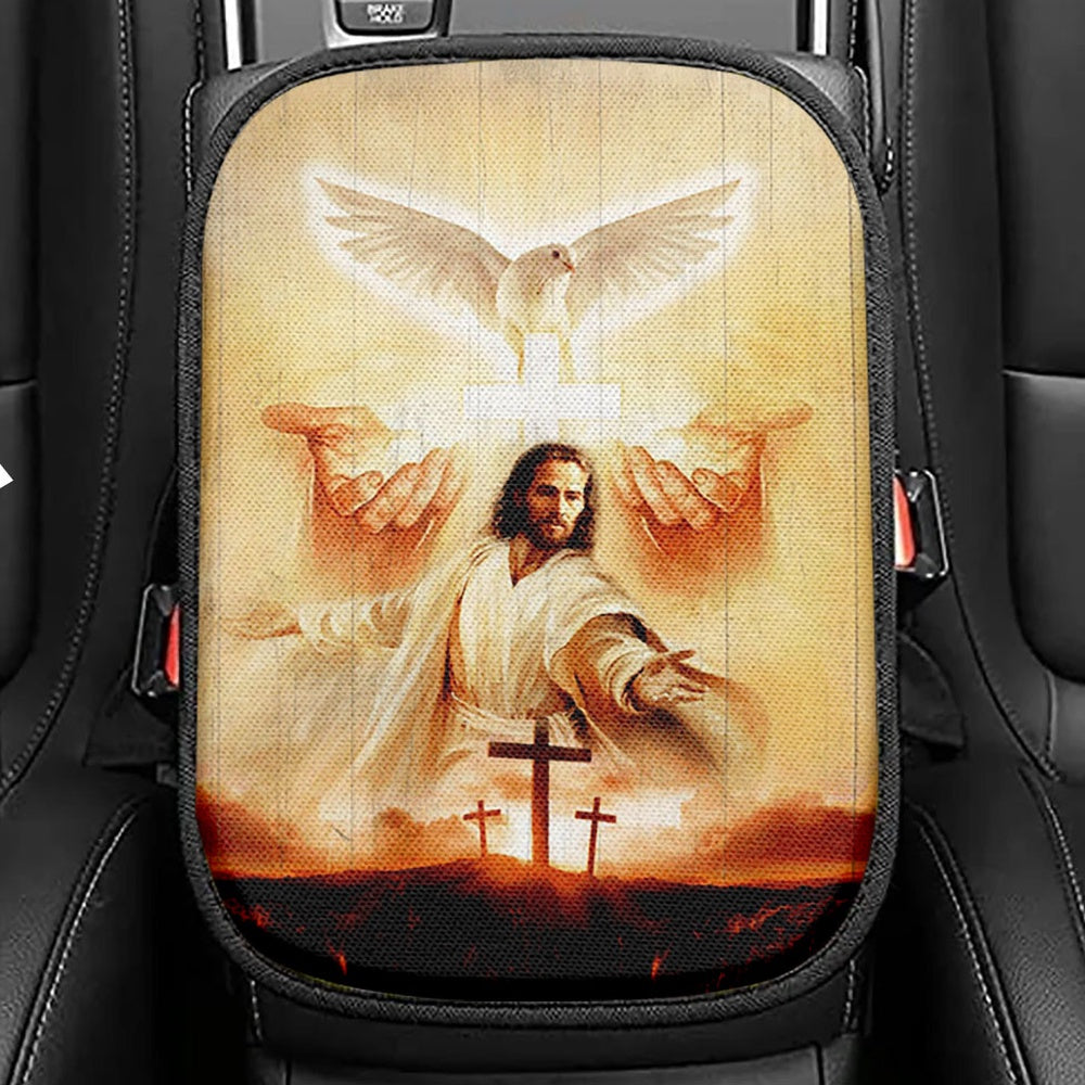 Beautiful Dove Pray For Healing Jesus's Hand Cross Symbol Seat Box Cover, Bible Verse Car Center Console Cover, Inspirational Car Interior Accessories
