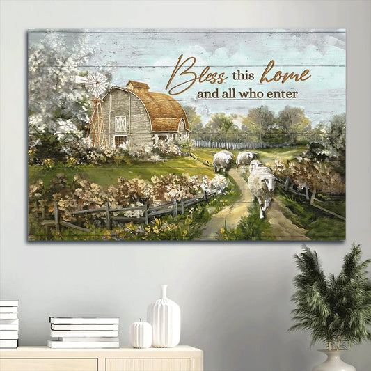 Beautiful Farm Sheep Drawing Vintage House Canvas Bless This House Canvas Wall Art - Christian Wall Decor