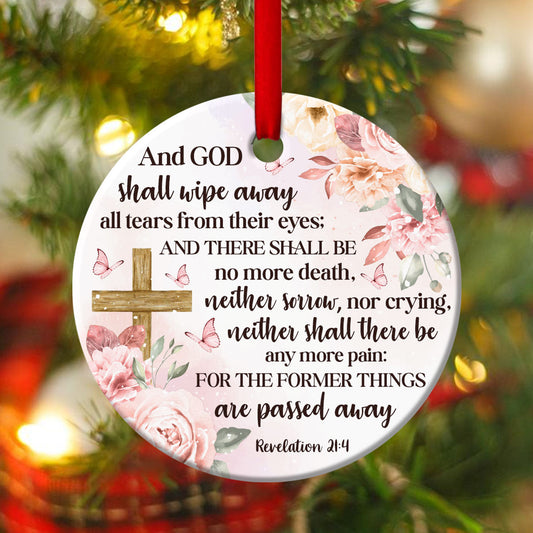 Beautiful Flower Ceramic Circle Ornament - God Shall Wipe Away All Tears From Their Eyes - Ornaments Hanging Gift