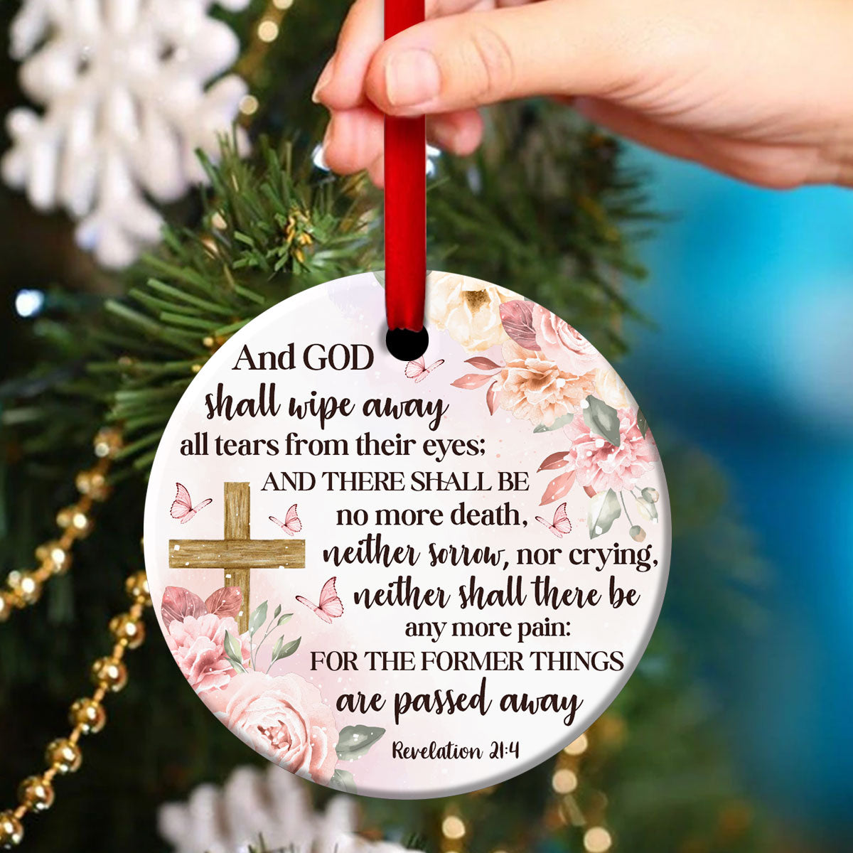 Beautiful Flower Ceramic Circle Ornament - God Shall Wipe Away All Tears From Their Eyes - Ornaments Hanging Gift