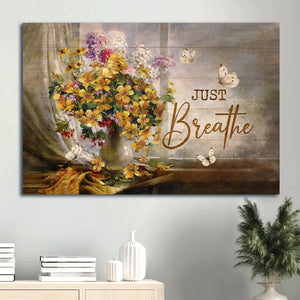Beautiful Flower Vase White Butterfly Stunning Flower Painting Flower Painting Canvas Just Breathe Canvas Wall Art - Christian Wall Decor