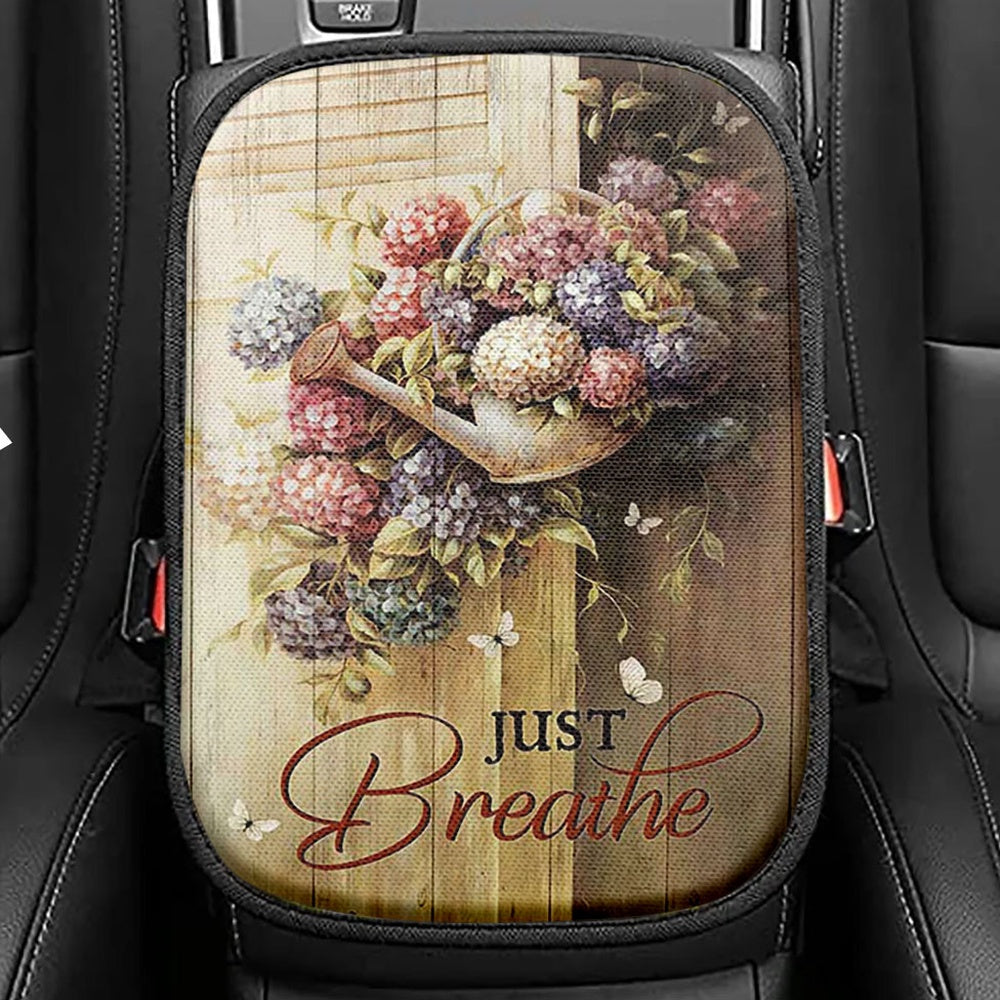 Beautiful Flowers White Butterfly Just Breathe Seat Box Cover, Bible Verse Car Center Console Cover, Inspirational Car Interior Accessories