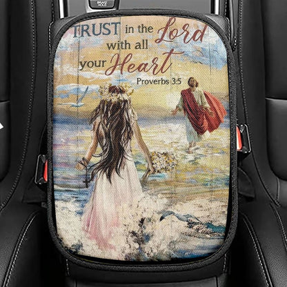Beautiful Girl, Flower Crown, Ocean Waves, Trust In The Lord Car Center Console Cover, Christian Armrest Seat Cover, Bible Seat Box Cover