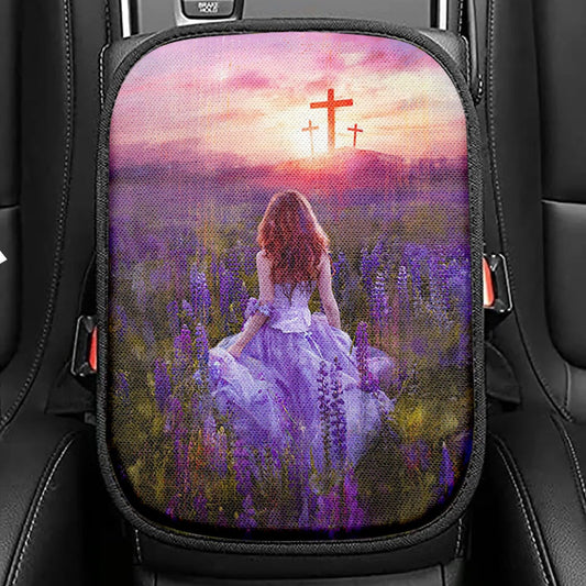 Beautiful Girl In The Lavender Field Cross Seat Box Cover, Christian Car Center Console Cover, Bible Verse Car Interior Accessories