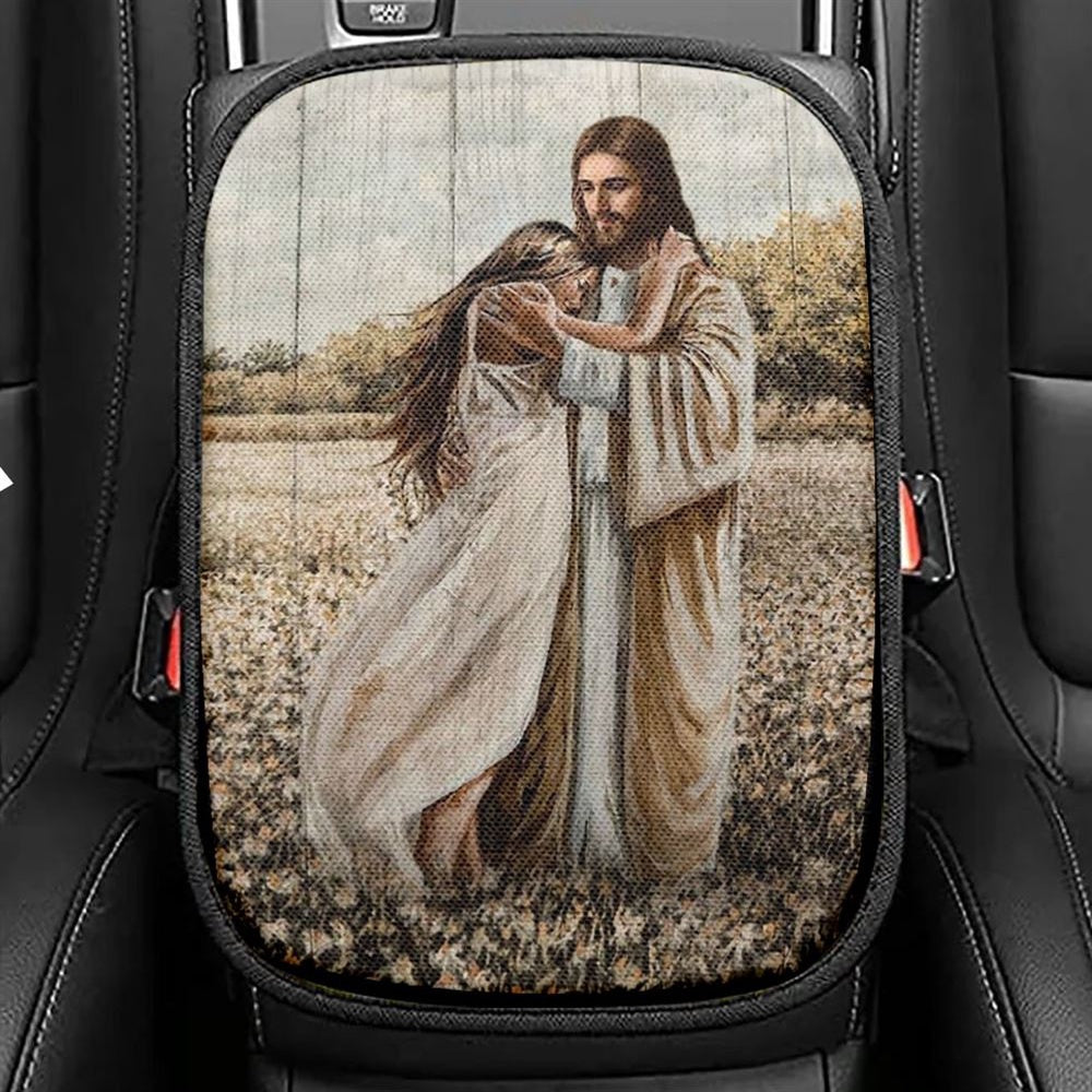 Beautiful Girl, Jesus Hug, Flower Field Car Center Console Cover, Christian Armrest Seat Cover, Bible Seat Box Cover