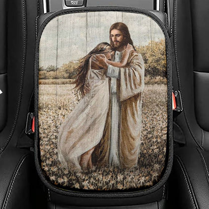 Beautiful Girl, Jesus Hug, Flower Field Car Center Console Cover, Christian Armrest Seat Cover, Bible Seat Box Cover