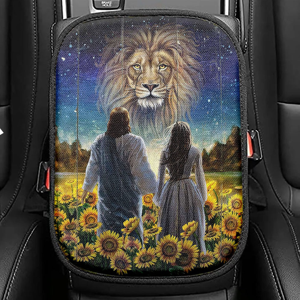 Beautiful Girl Lion Walking With Jesus Sunflower Field Seat Box Cover, Christian Car Center Console Cover, Bible Verse Car Interior Accessories