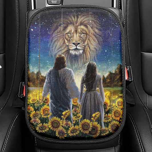Beautiful Girl Lion Walking With Jesus Sunflower Field Seat Box Cover, Christian Car Center Console Cover, Bible Verse Car Interior Accessories