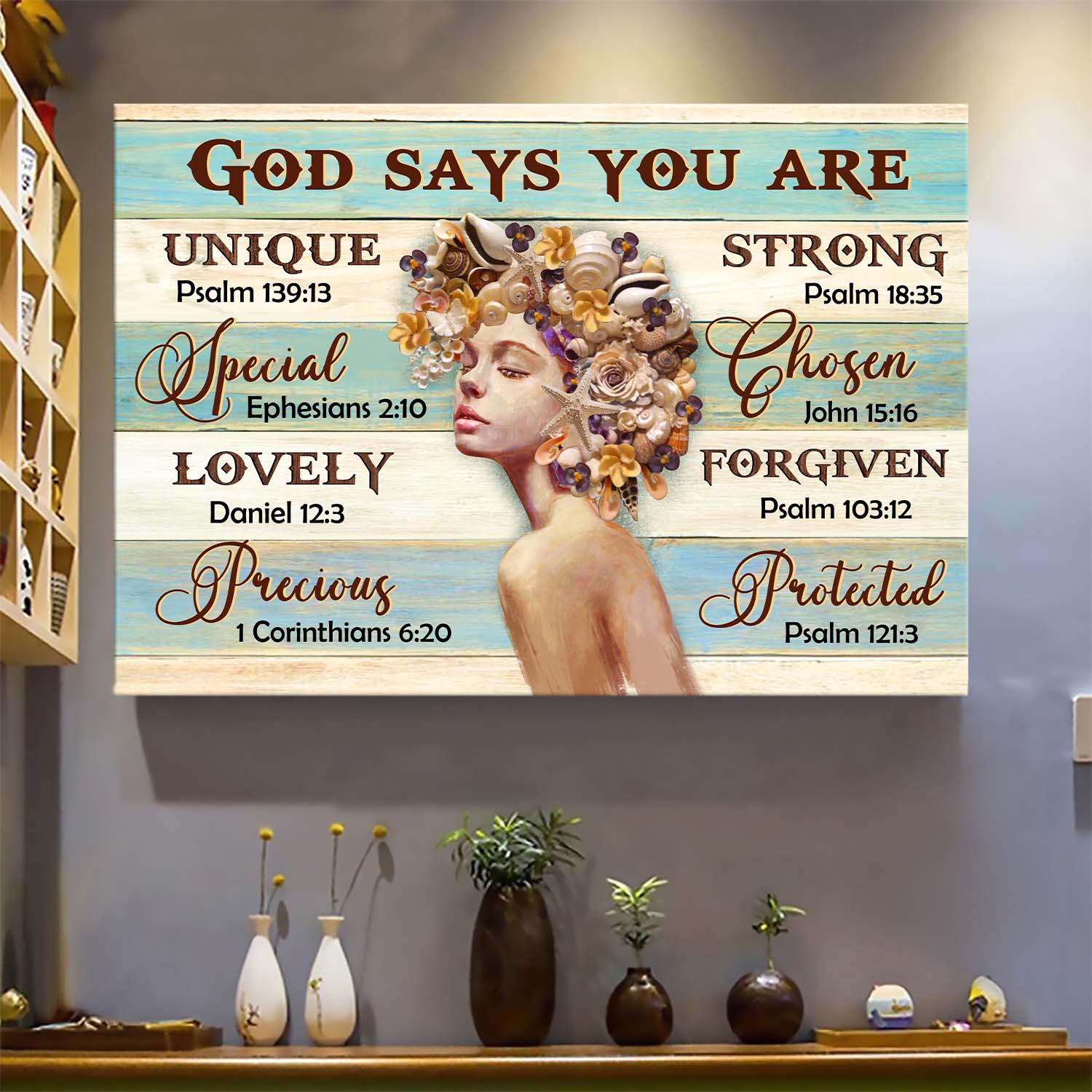 Beautiful Girl Seashell Hair God Says You Are Canvas Wall Art - Christian Wall Decor