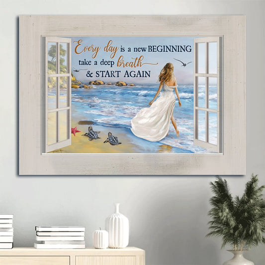 Beautiful Girl Summer Vibe Sea Turtle Canvas Every Day Is A New Beginning Canvas Wall Art - Christian Wall Decor