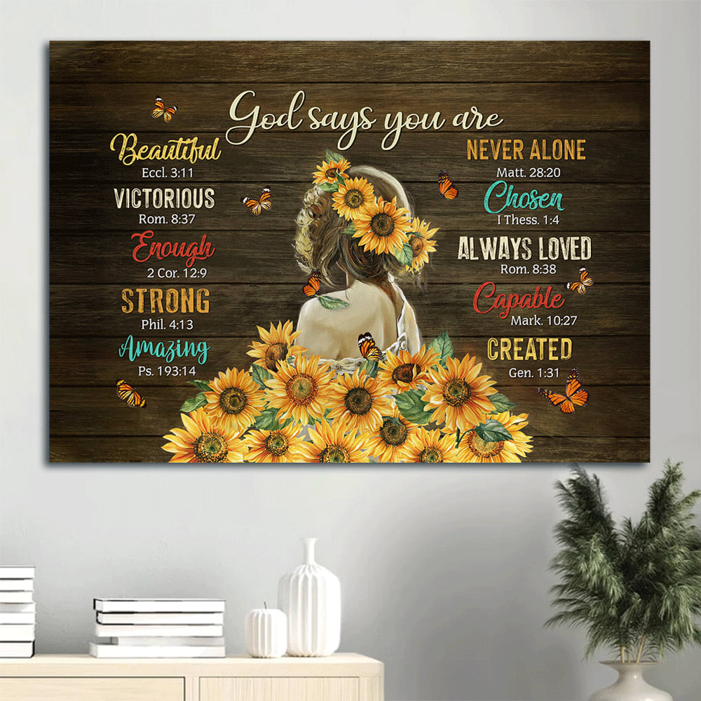 Beautiful Girl Sunflower Butterfly Canvas God Says You Are Canvas Wall Art - Christian Wall Decor