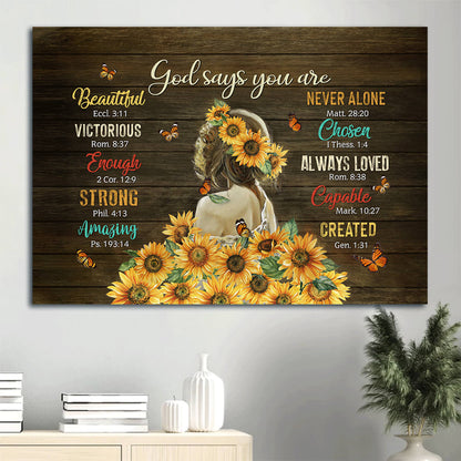 Beautiful Girl Sunflower Butterfly Canvas God Says You Are Canvas Wall Art - Christian Wall Decor
