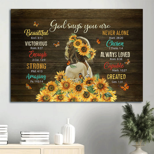Beautiful Girl Sunflower Butterfly Canvas God Says You Are Canvas Wall Art - Christian Wall Decor