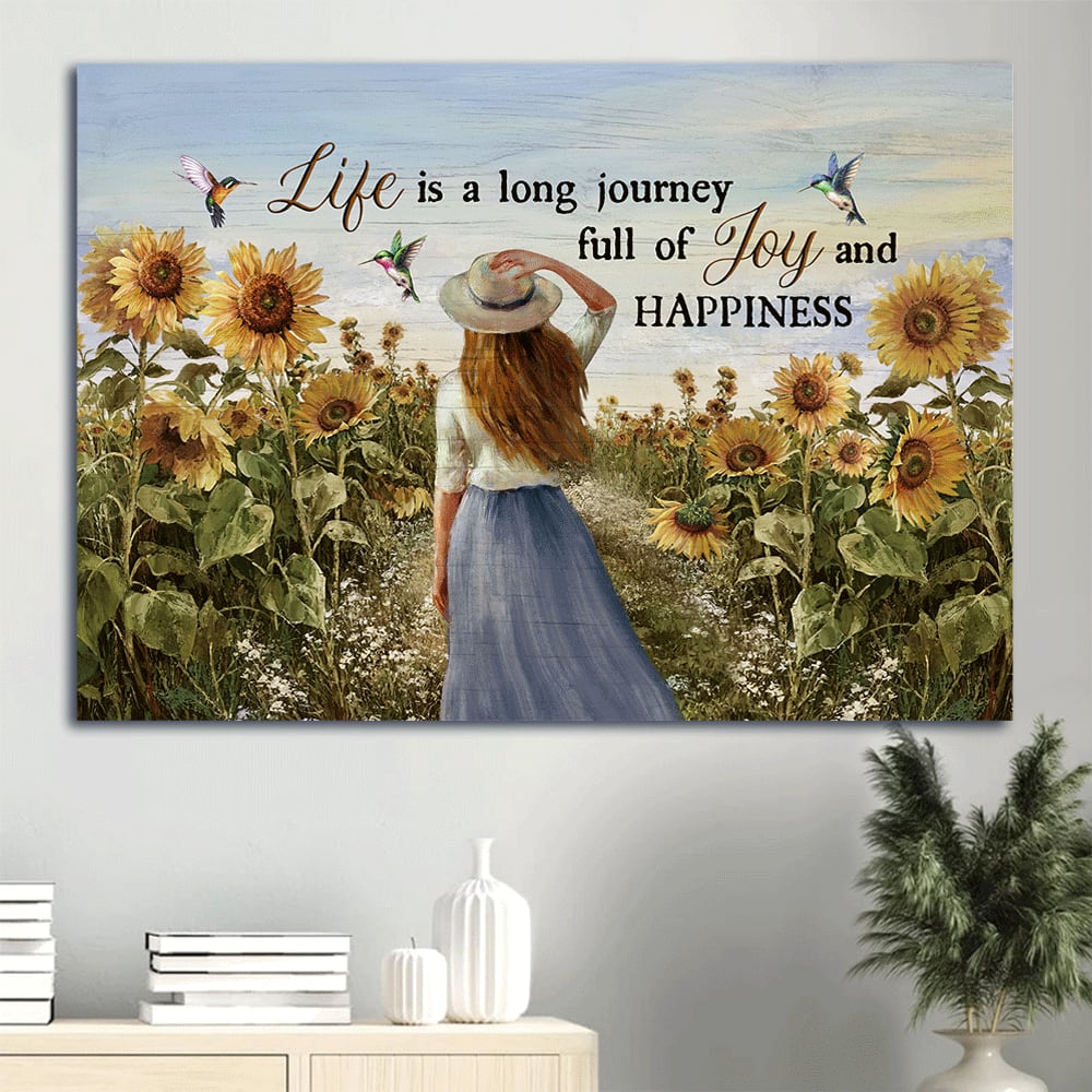 Beautiful Girl Sunflower Field Colorful Hummingbirds Canvas Life Is A Long Journey Canvas Wall Art - Christian Wall Decor