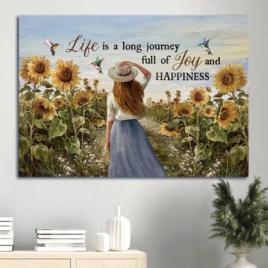 Beautiful Girl Sunflower Field Colorful Hummingbirds Canvas Life Is A Long Journey Canvas Wall Art - Christian Wall Decor