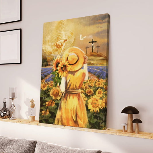 Beautiful Girl Sunflower Field Jesus Hand Cross Symbol Canvas Posters - Christian Wall Posters - Religious Wall Decor