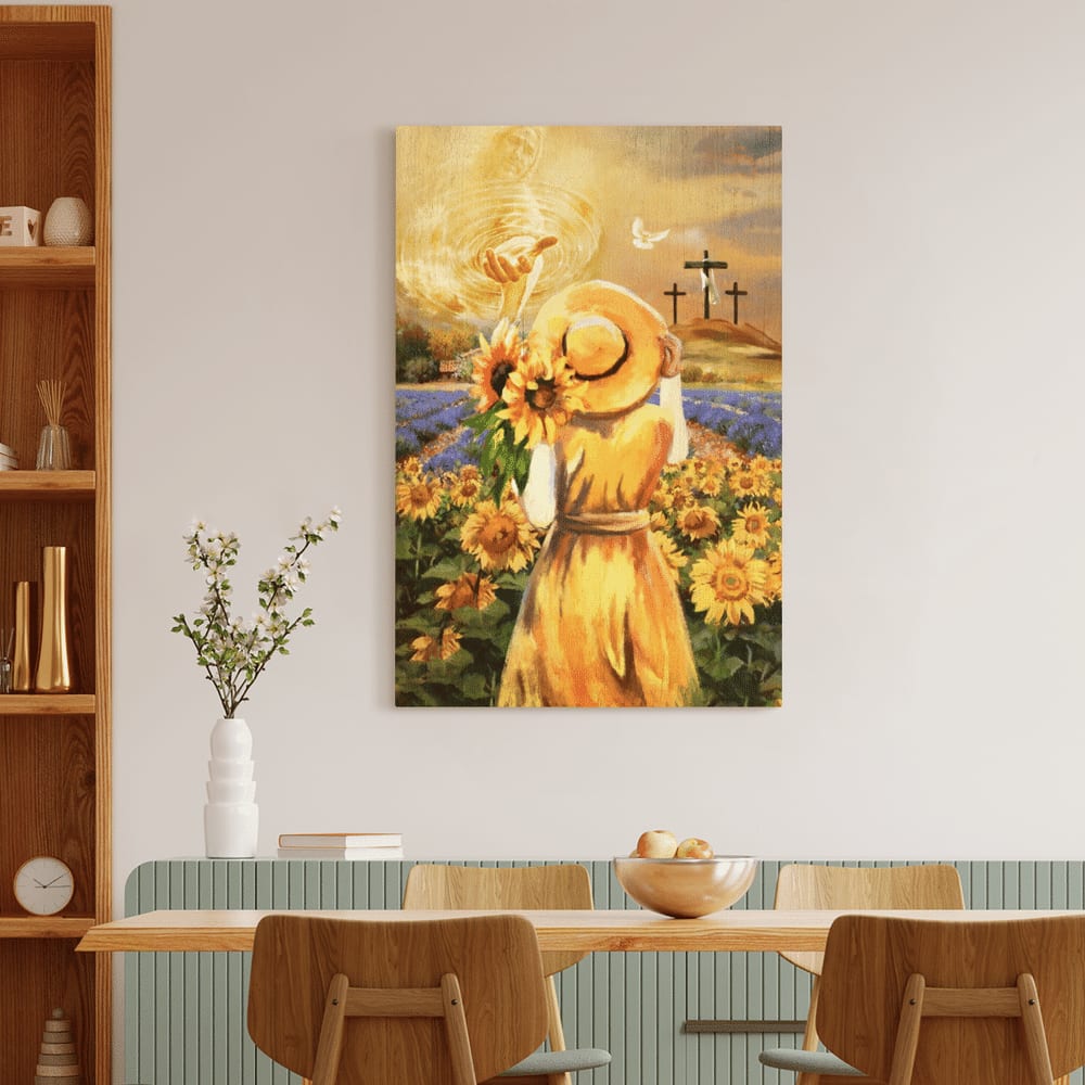 Beautiful Girl Sunflower Field Jesus Hand Cross Symbol Canvas Posters - Christian Wall Posters - Religious Wall Decor
