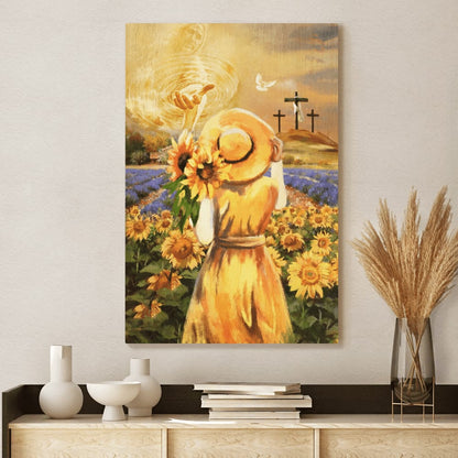 Beautiful Girl Sunflower Field Jesus Hand Cross Symbol Canvas Posters - Christian Wall Posters - Religious Wall Decor