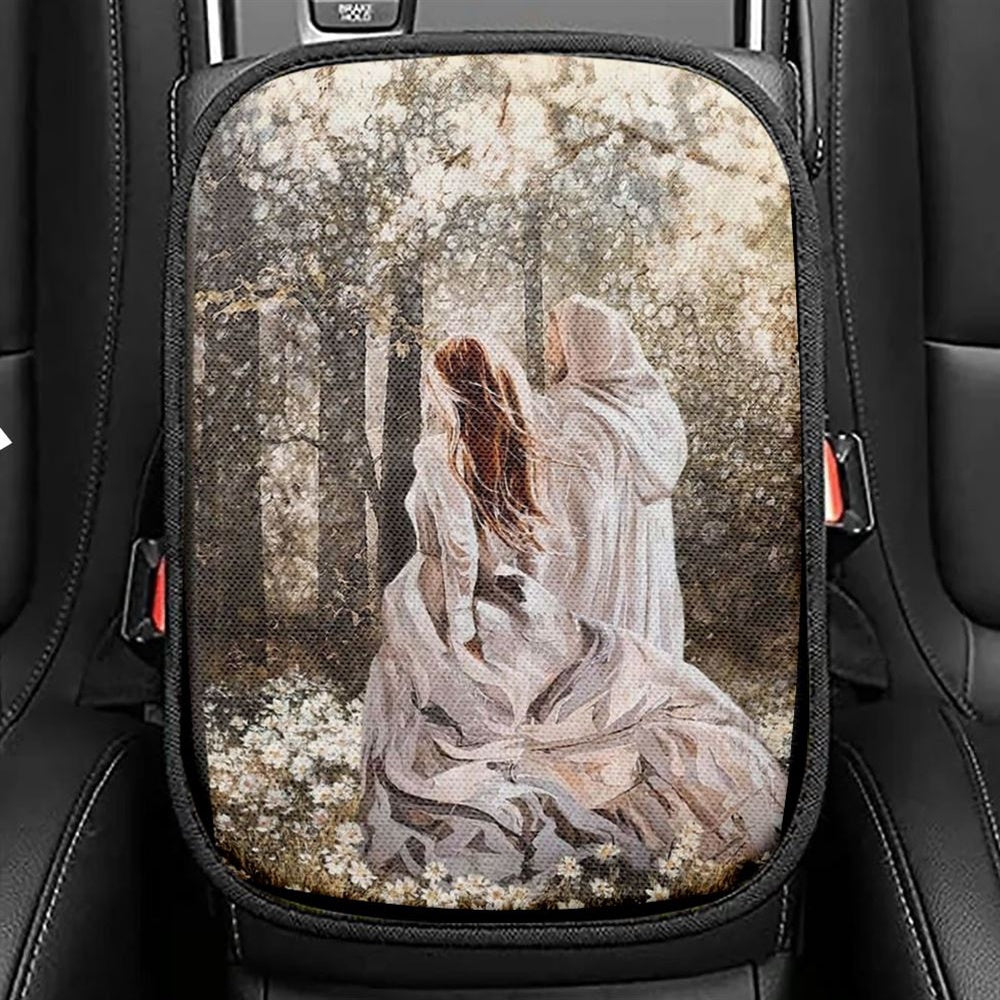 Beautiful Girl Walking With Jesus In The Flower Field Car Center Console Cover, Christian Armrest Seat Cover, Bible Seat Box Cover