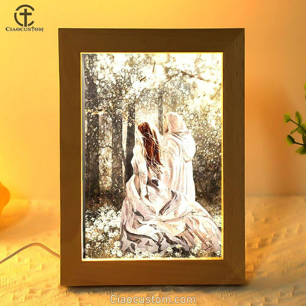 Beautiful Girl Walking With Jesus In The Flower Field Frame Lamp