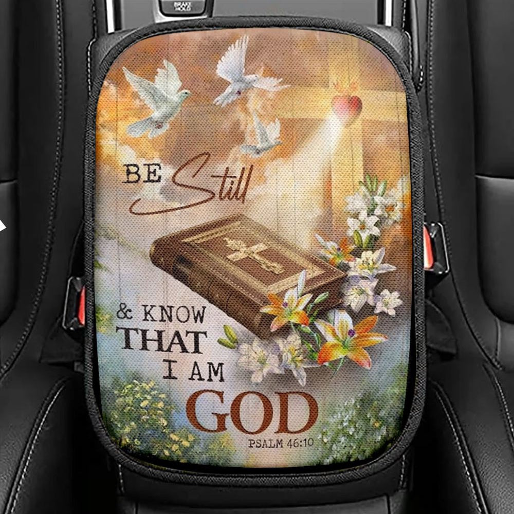 Beautiful Heaven Cross Bible Be Still And Know That I Am God Car Center Console Cover, Christian Armrest Seat Cover, Bible Seat Box Cover