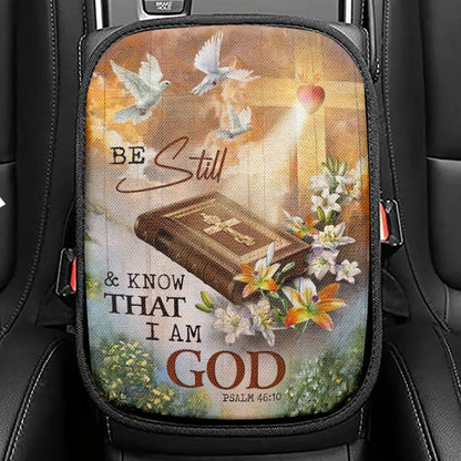 Beautiful Heaven Cross Bible Be Still And Know That I Am God Car Center Console Cover, Christian Armrest Seat Cover, Bible Seat Box Cover